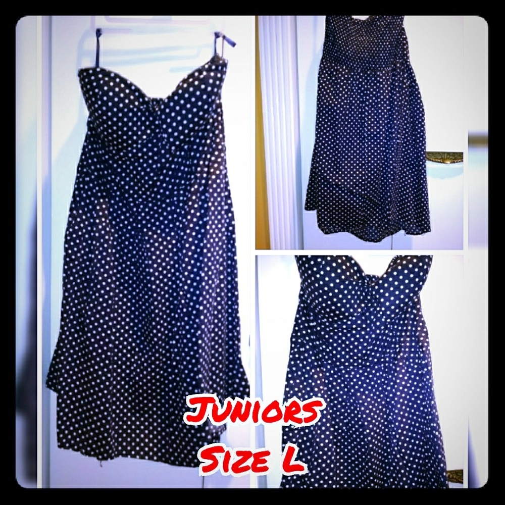 Juniors strapless navy/white polka dot dress